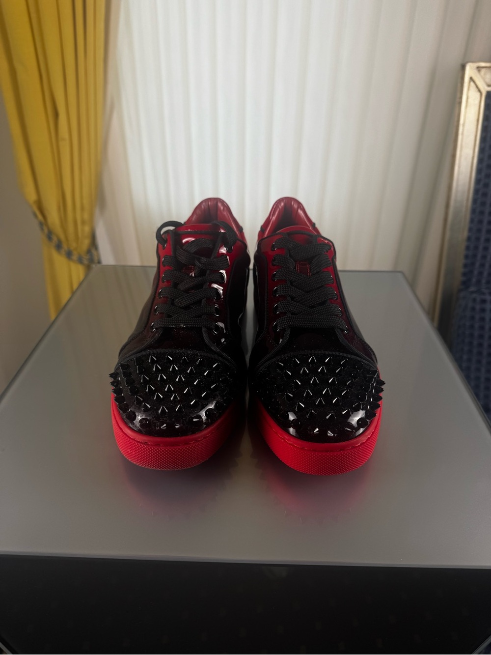 Christian Louboutin Black and Red Spiked Low-Top Sneakers